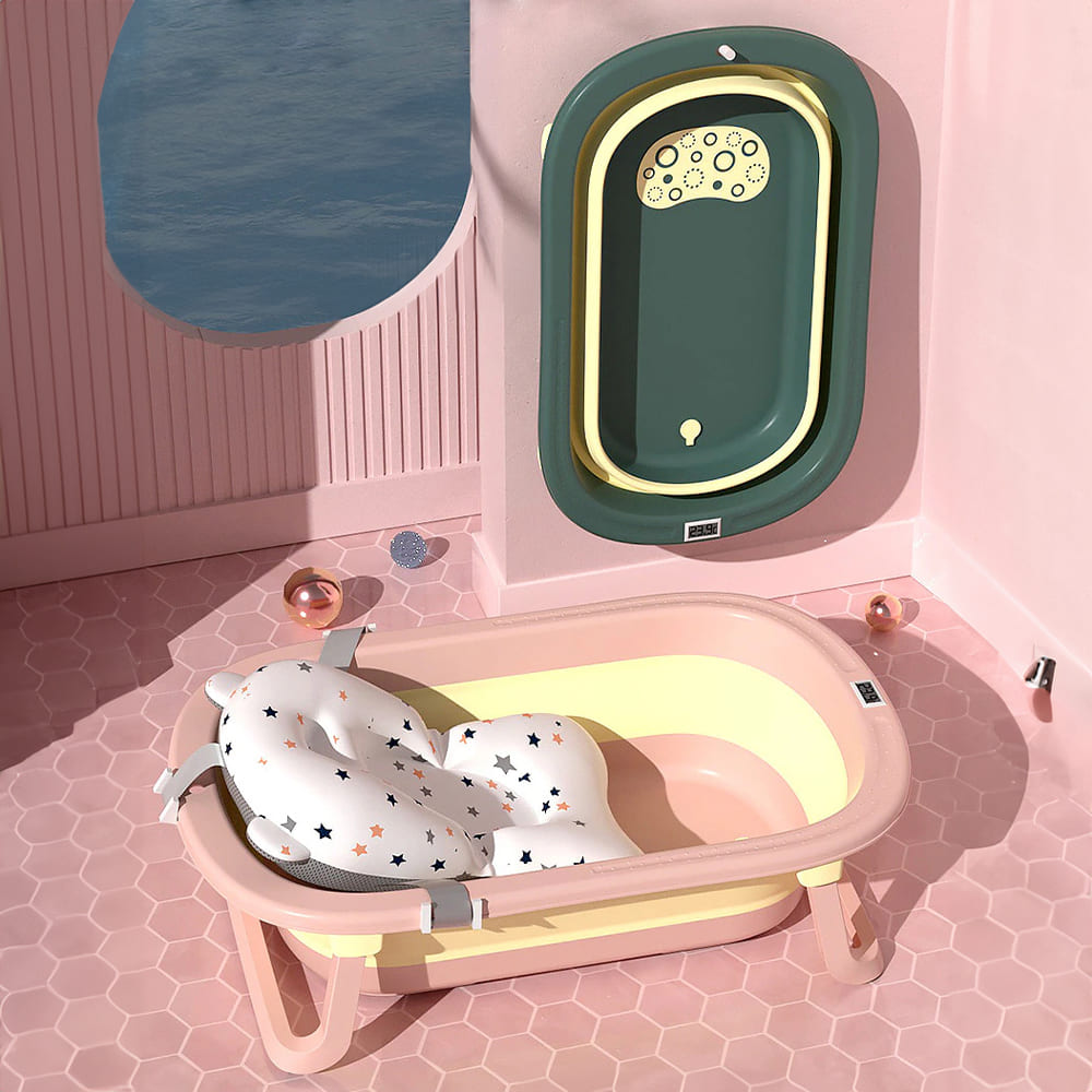 SIBT Anti-Slip Foldable Collapsible Baby Bathtub With Temperature Meter and Cushion Newborn pink