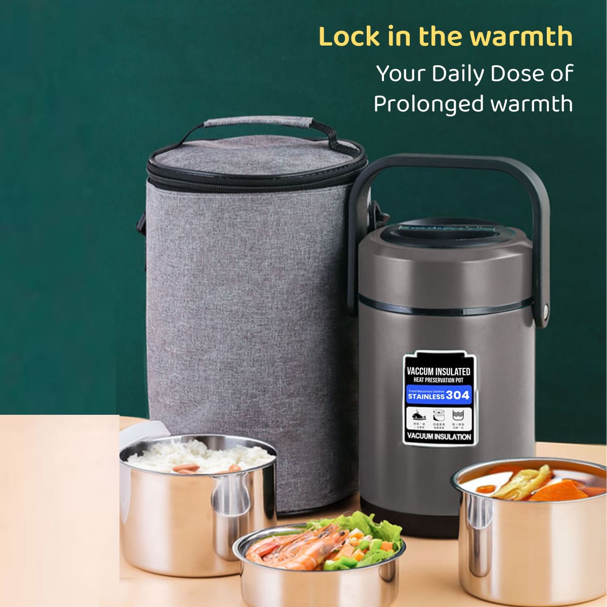 3 Stainless Steel Containers , Leak Proof Microwave Safe | Full Meal and Easy to Carry Stackable Stainless Steel Thermal Compartment Lunch/Snack Box, 3-Tier Insulated Bento/Food Container . heat insulated