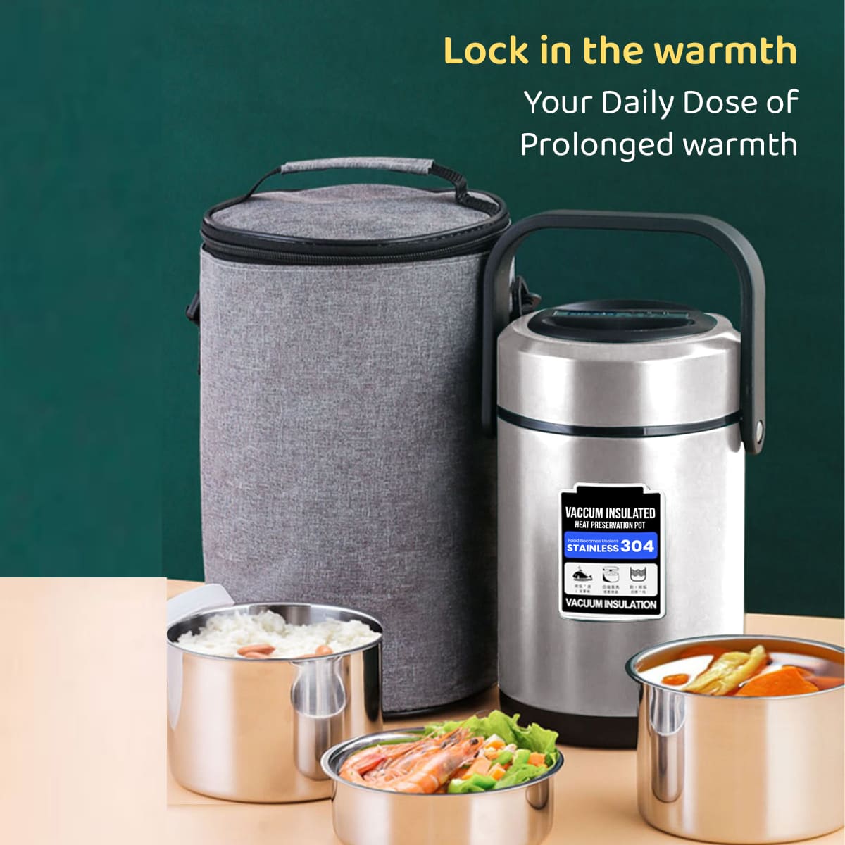 3 Stainless Steel Containers , Leak Proof Microwave Safe | Full Meal and Easy to Carry Stackable Stainless Steel Thermal Compartment Lunch/Snack Box, 3-Tier Insulated Bento/Food Container . heat insulated