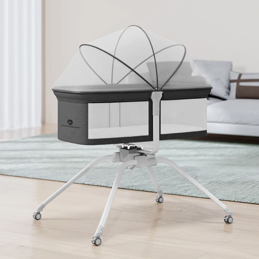 StarAndDaisy Malin Manual 3in1 Crib Cradle, Travel cot for Babies with a Mattress from 0 to 9 kg, Foldable, Patented Rocking, Quick Assembly, Travel Bag & Mosquito net Included, Ultra Light (Grey)