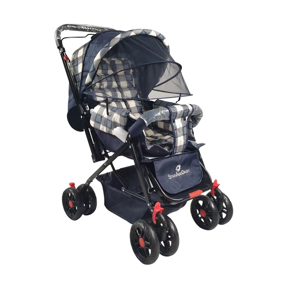 [Refurbished] StarAndDaisy Sunrise Baby Stroller and Pram with Extended Mosquito Net and Ultra Soft Cushions & Reversible Handlebar (White Checks Print | Sigma)
