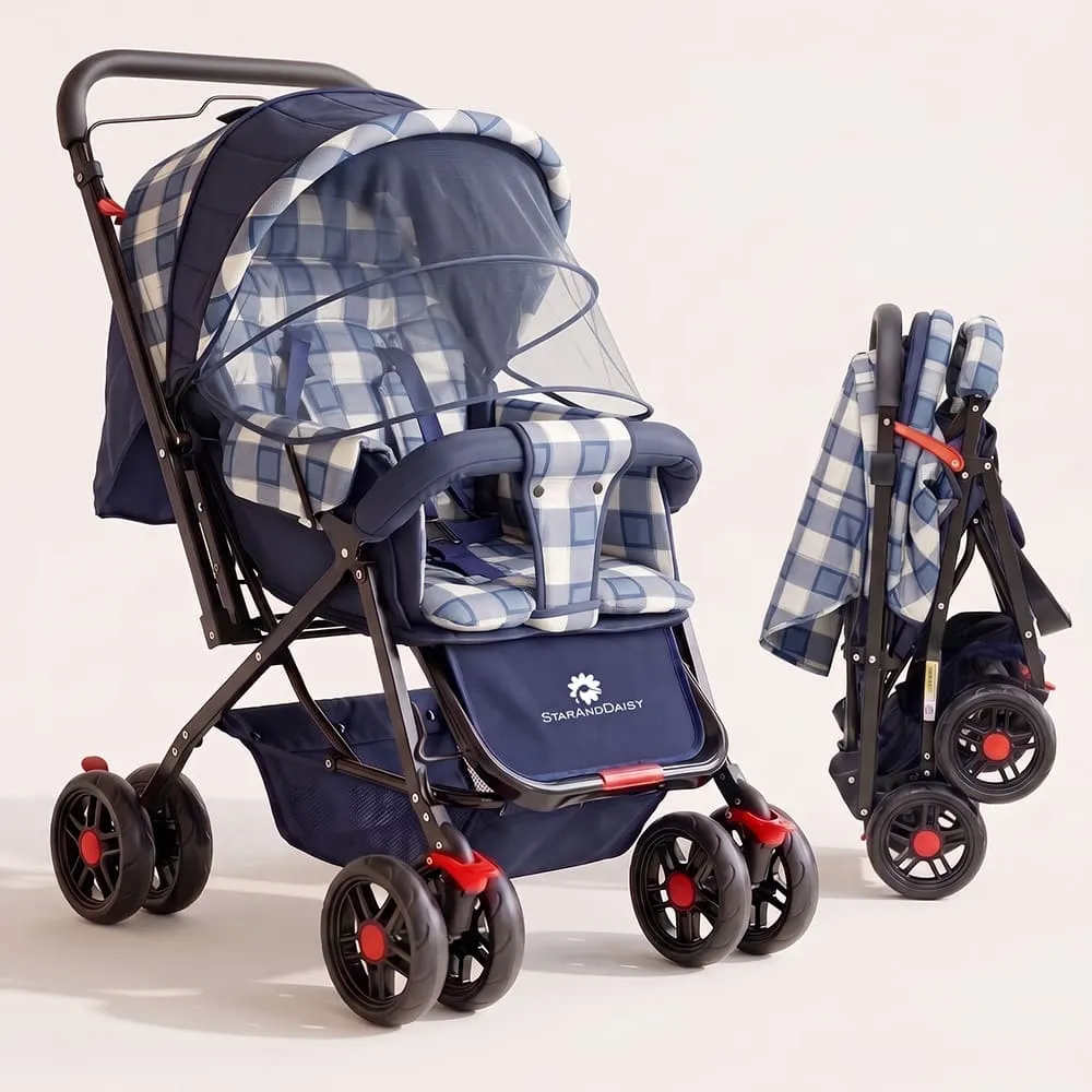 StarAndDaisy Sunrise Baby Stroller and Pram with Extended Mosquito Net and Ultra Soft Cushions & Reversible Handlebar (White Checks Print | Sigma)