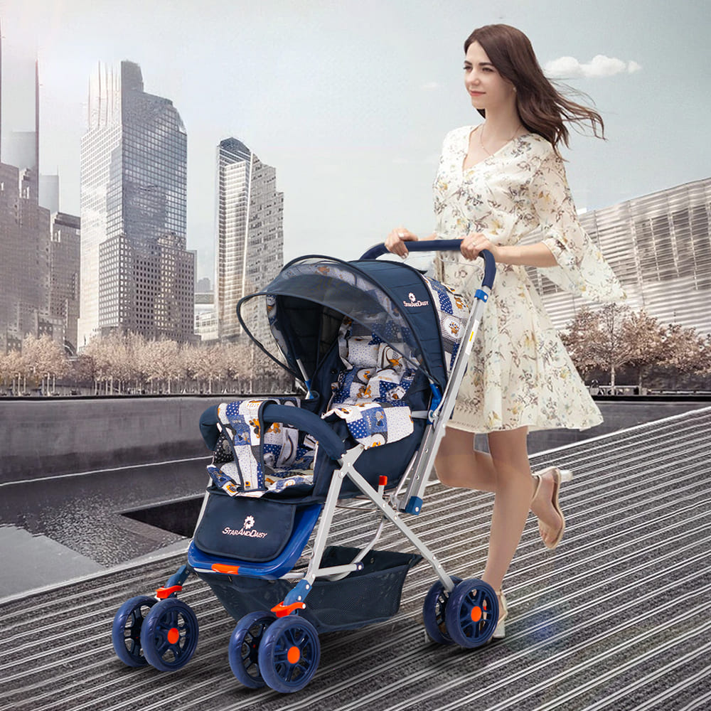 StarAndDaisy Sunrise Baby Stroller and Pram with Extended Mosquito Net and Ultra Soft Cushions & Reversible Handlebar (White Print | Gama)