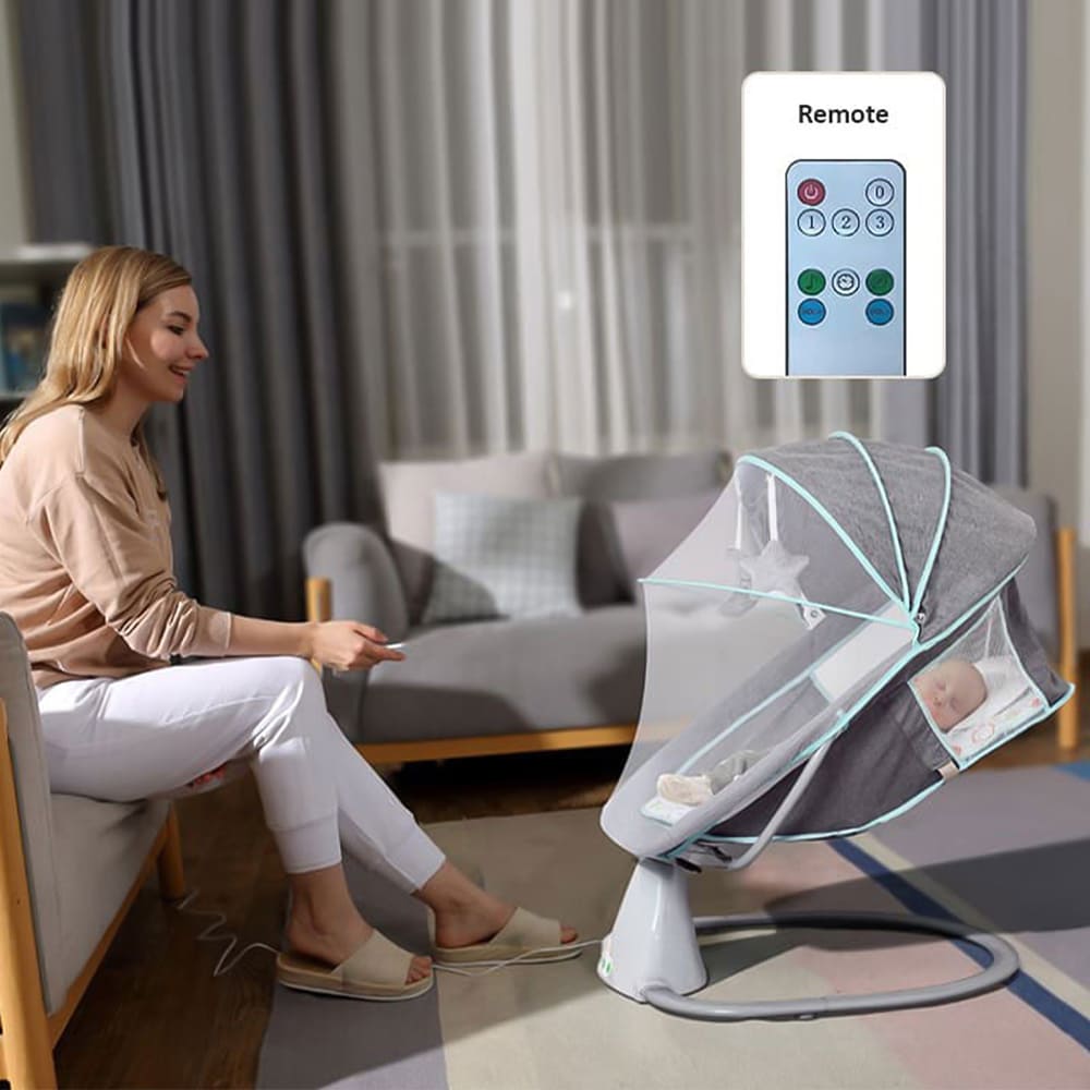 Battery-Powered Baby Rocker StarAndDaisy Electric Swing Rocker for Baby with Mosquito Net, Inbuilt Bluetooth & Remote Control - Green