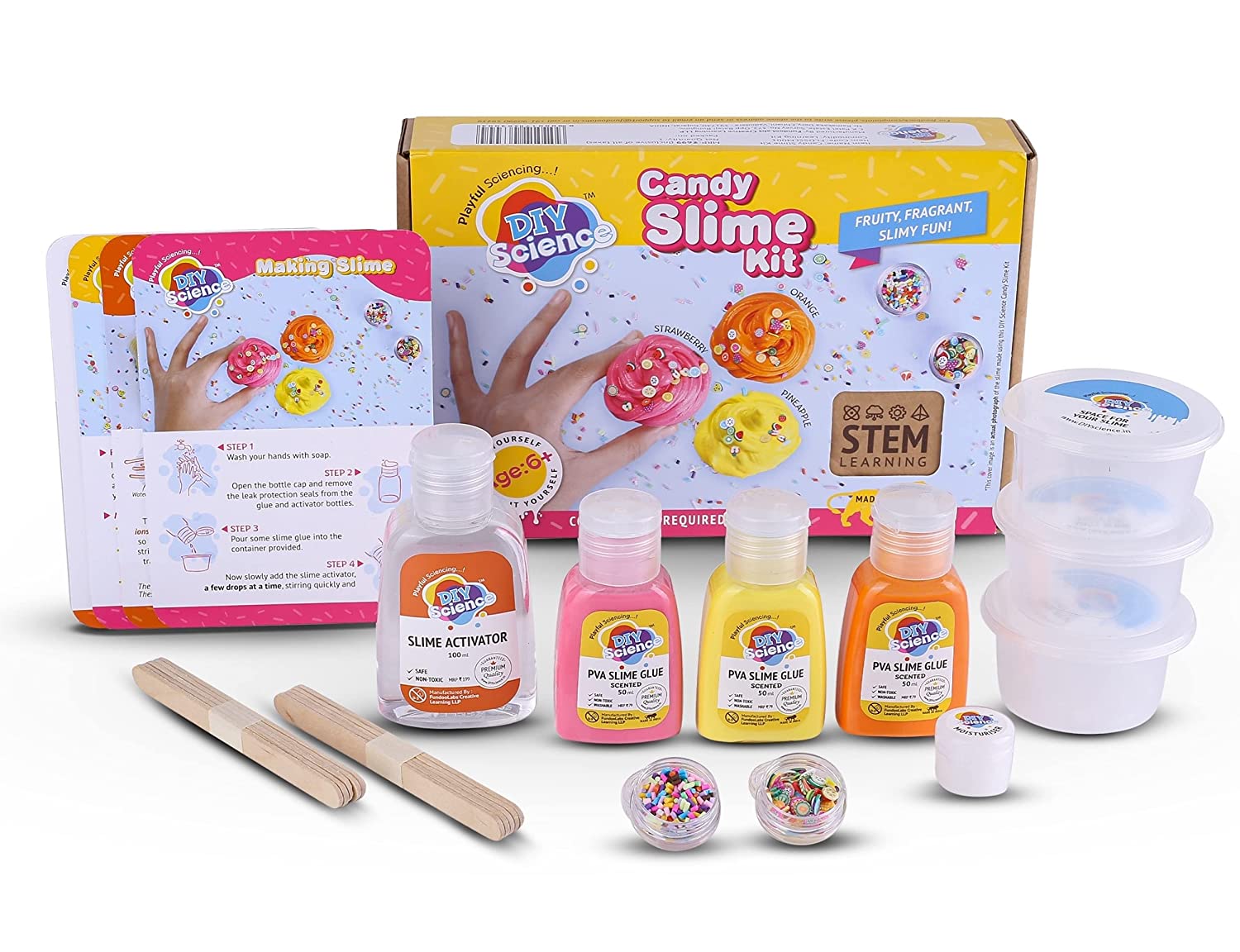 Diy Science Candy Slime Kit - Premium Slime Making Kit, 6 to 99 Years, Thick PVA Slime Glue in Pineapple and Orange Fragrance, Strawberry, Fruit Slices, Vermicelli, Slime Activator, Exotic Sprinkles