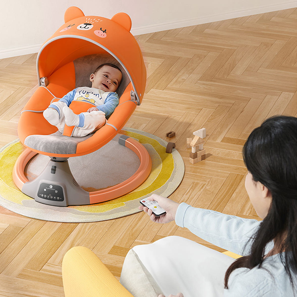StarAndDaisy Baby Electric Swing Rocker Bouncers with Smart Touch Panel, Bluetooth music & Remote Control - Orange 2 in 1 bouncer and rocker
