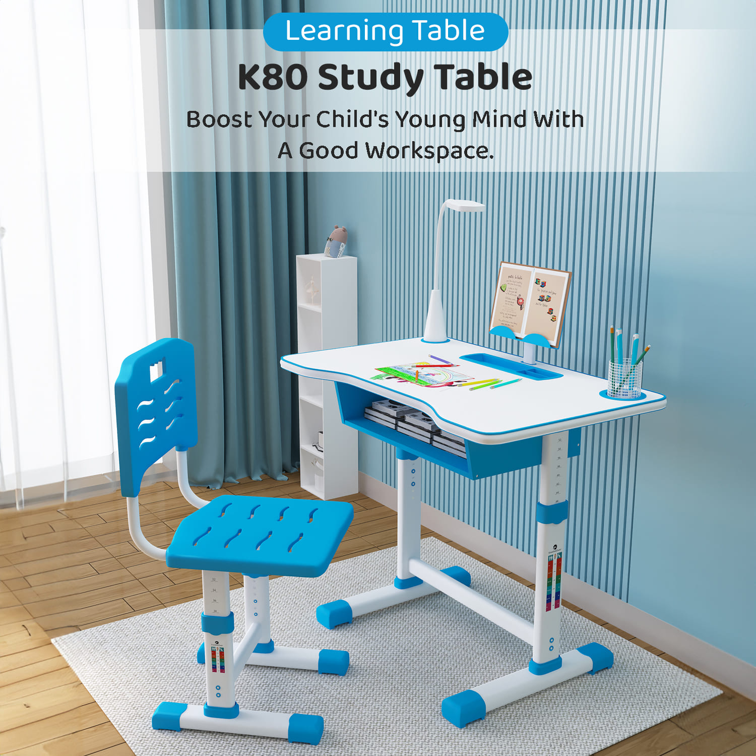 A80 Adjustable Height, Multi-Functional Kids Study Table with Book Holder, Drawer, Extra Large tiltable Desktop with an Option of LED Light (Blue)