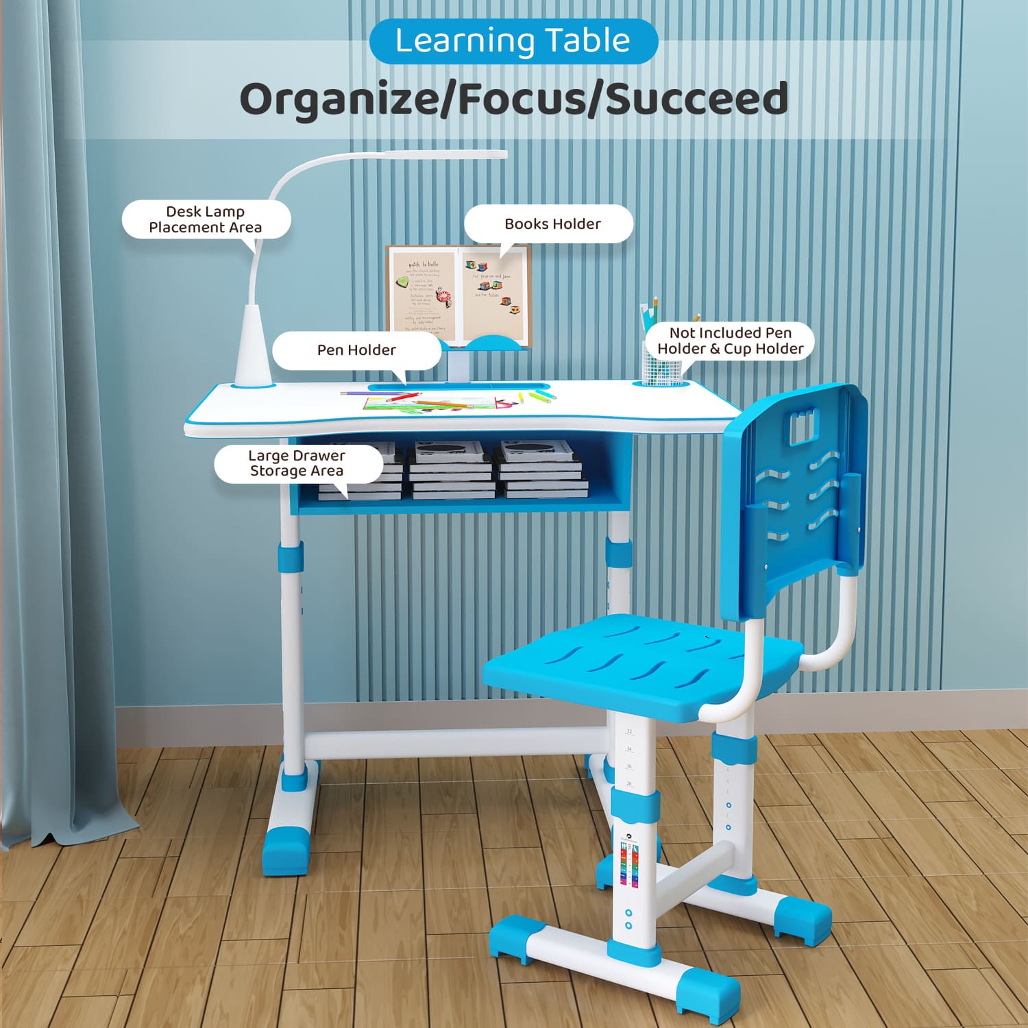 A80 Adjustable Height, Multi-Functional Kids Study Table with Book Holder, Drawer, Extra Large tiltable Desktop with an Option of LED Light (Blue)
