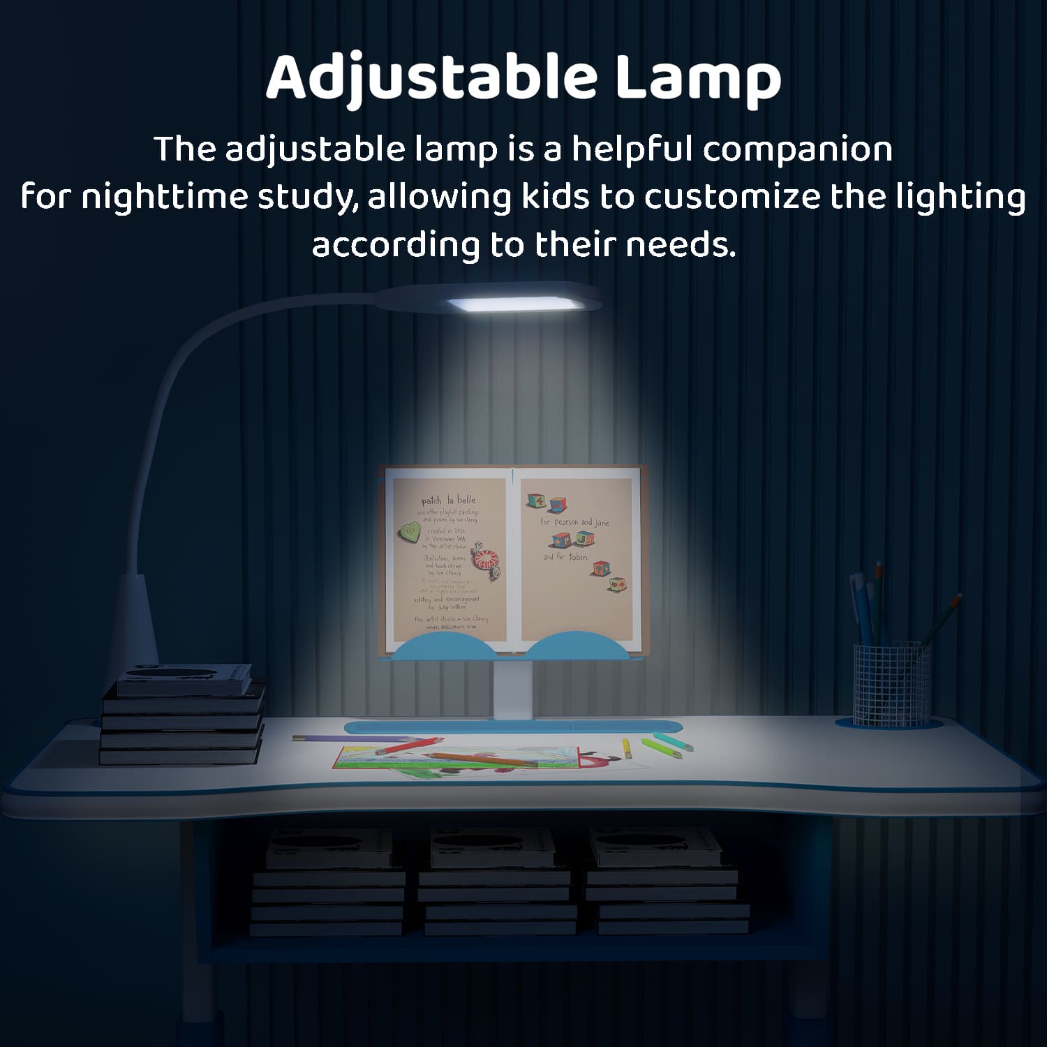 A80 Adjustable Height, Multi-Functional Kids Study Table with Book Holder, Drawer, Extra Large tiltable Desktop with an Option of LED Light (Blue)