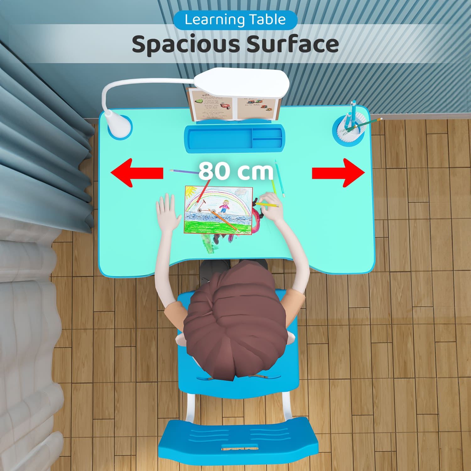 A80 Adjustable Height, Multi-Functional Kids Study Table with Book Holder, Drawer, Extra Large tiltable Desktop with an Option of LED Light (Blue)