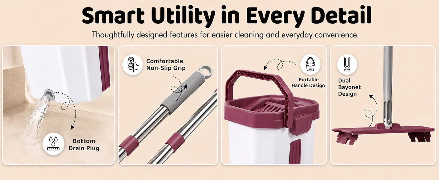 UPC Hands-Free Microfiber Flat Mop 360° Flexible Cleaning Mop