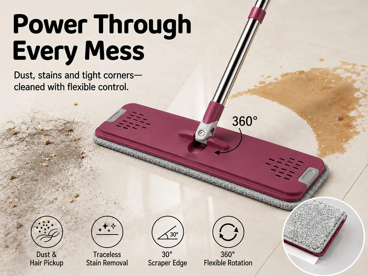 UPC Hands-Free Microfiber Flat Mop 360° Flexible Cleaning Mop