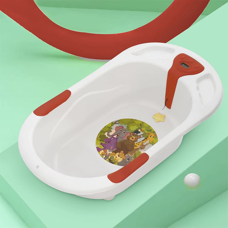 StarAndDaisy Baby Bath Tub with Temperature Sensor and Wheels for New Born Baby - White & Red