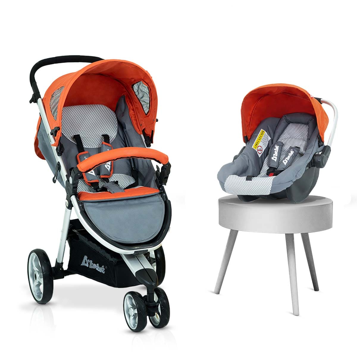 StarAndDaisy D.Bebe Baby Stroller Pram Travel System with Car Seat Carry Cot with Adjustable Backrest, Footrest & Canopy, PU wheels with Front Wheel 360 movement (Orange & Grey)