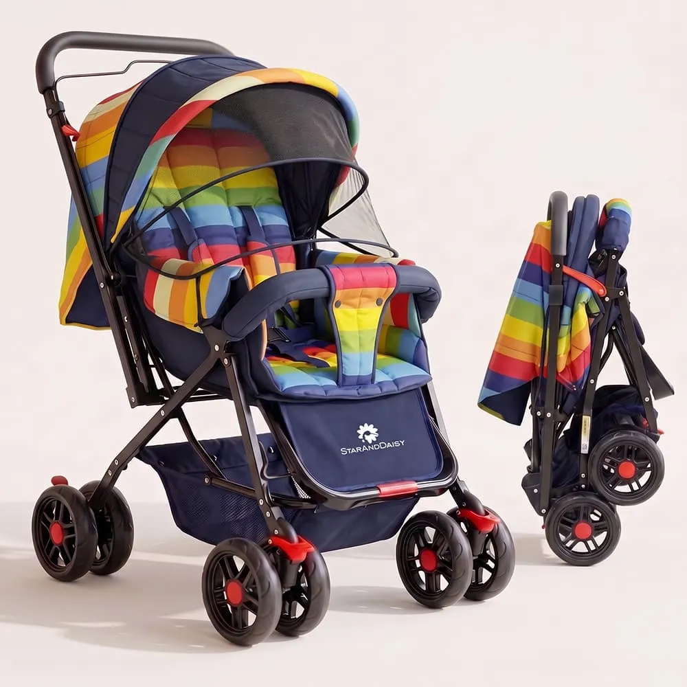 StarAndDaisy Sunrise Baby Stroller and Pram with Extended Mosquito Net and Ultra Soft Cushions & Reversible Handlebar (Vibgyor Multicolor)