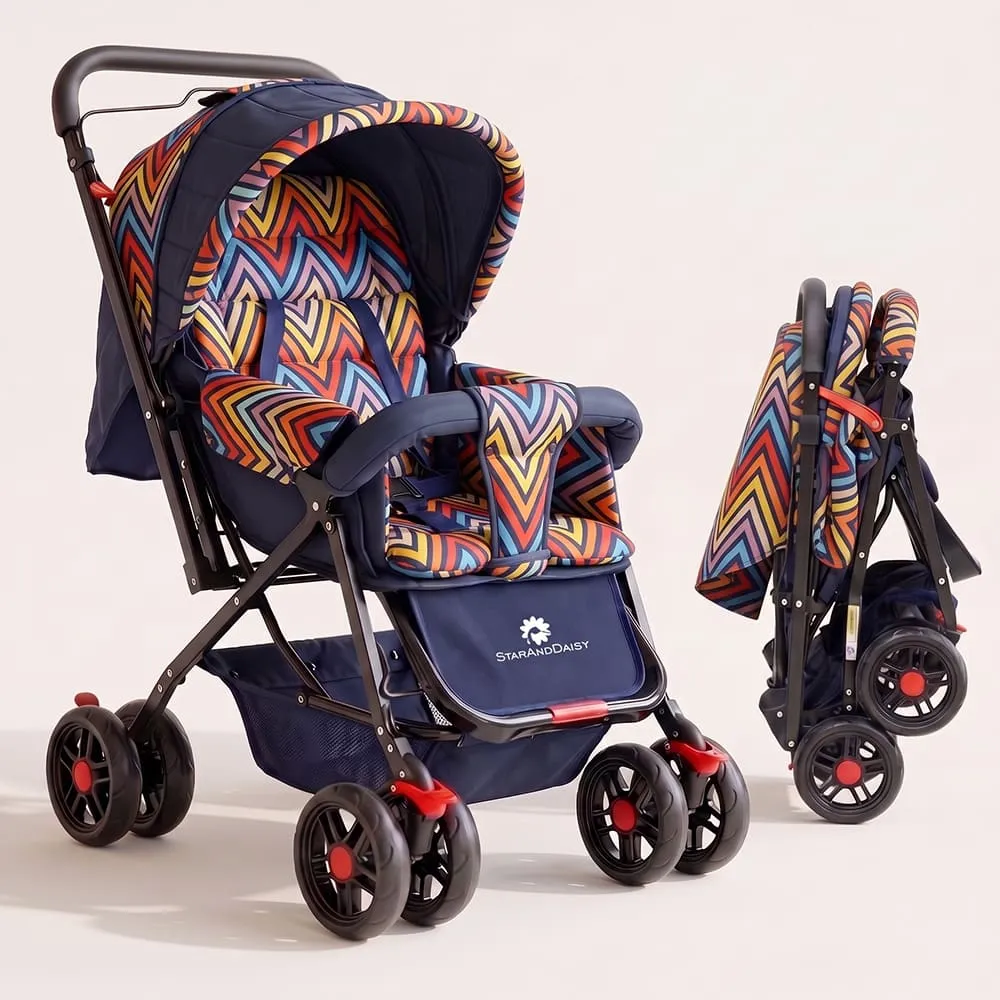 StarAndDaisy Sunrise Baby Stroller and Pram with Mosquito Net, Soft Cushions and Reversible Handlebar – Vibrant Multicolor
