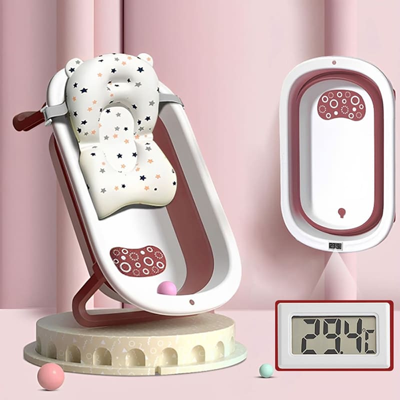 StarAndDaisy Smart Anti-Slip Foldable Collapsible Baby Bathtub With Temperature Meter and Cushion for Newborn Toddler (Red)