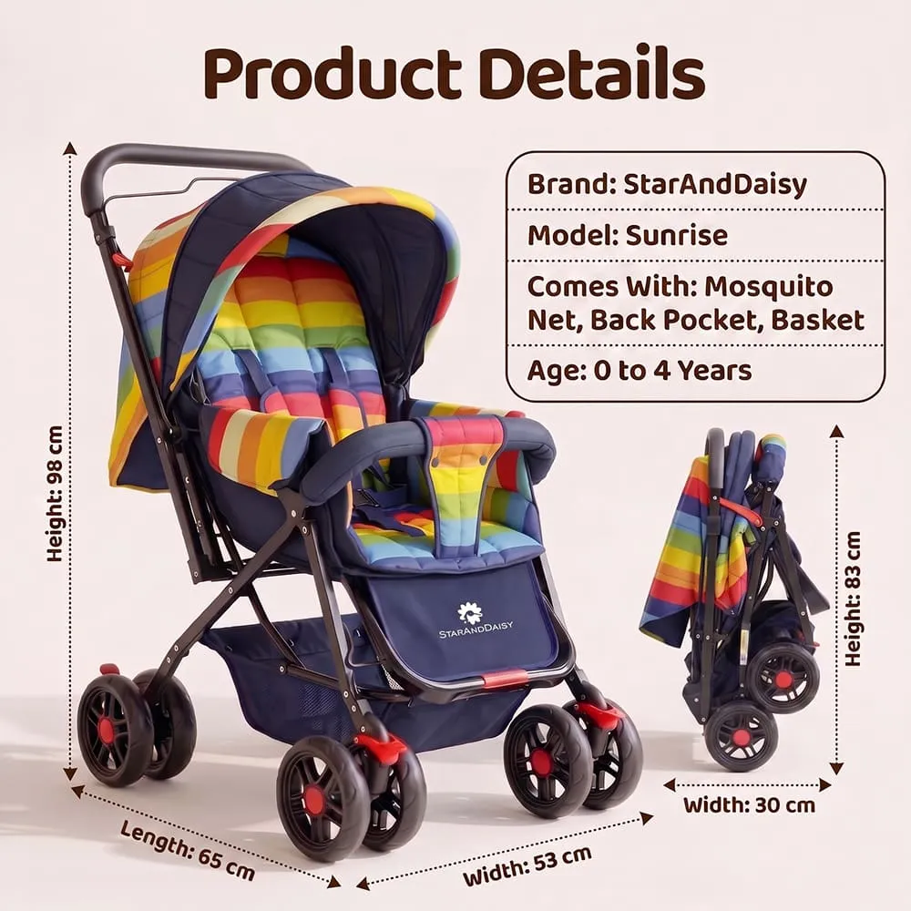 details and dimension of Sunrise baby stroller vibgyor multicolor