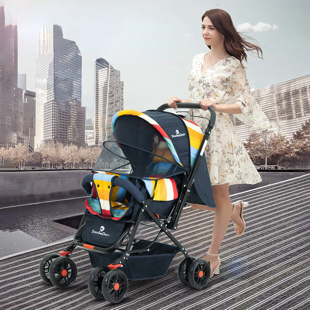 StarAndDaisy Sunrise Baby Stroller and Pram with Extended Mosquito Net and Ultra Soft Cushions & Reversible Handlebar (Vibgyor Multicolor)