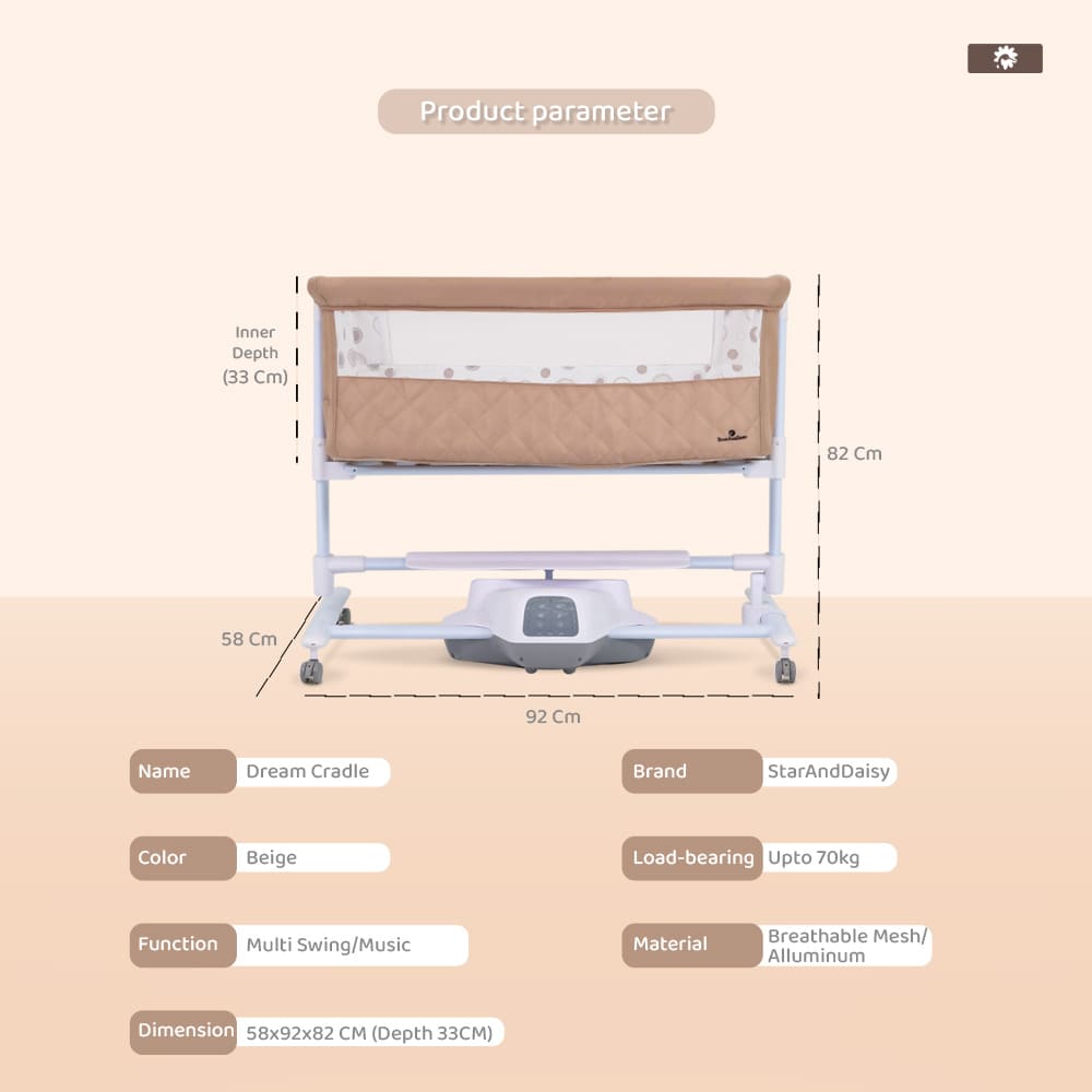 StarAndDaisy Dream Cradle - Automatic Rocking Baby Cradle with Wheels, Seat Lock, Mosquito Net, Height Adjustment, Bluetooth Music, and Electric Toys (Beige)