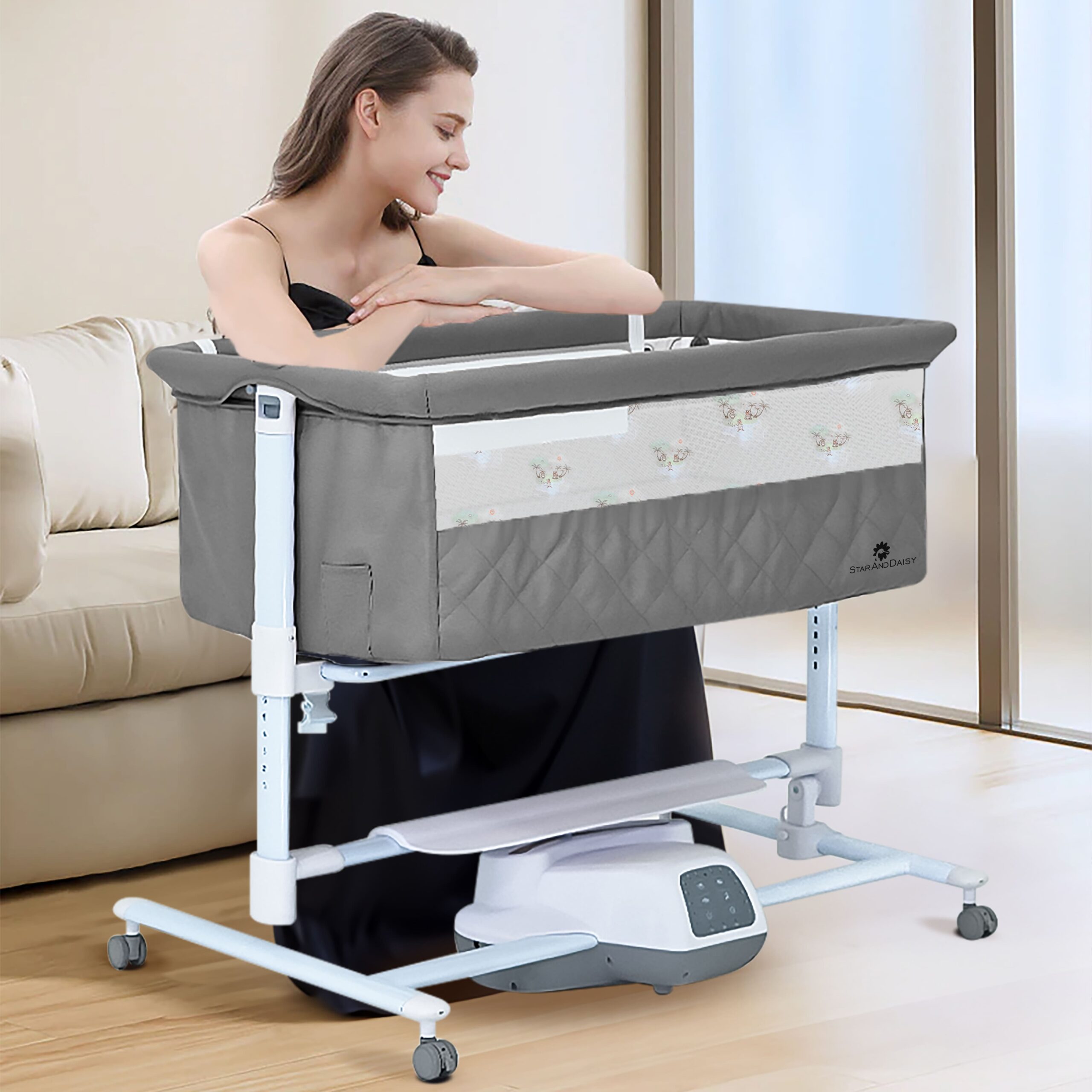 Automatic Rocking Baby Cradle with Wheels Seat Lock Mosquito Net Height Adjustment Bluetooth Music and Electric Toys-grey-1