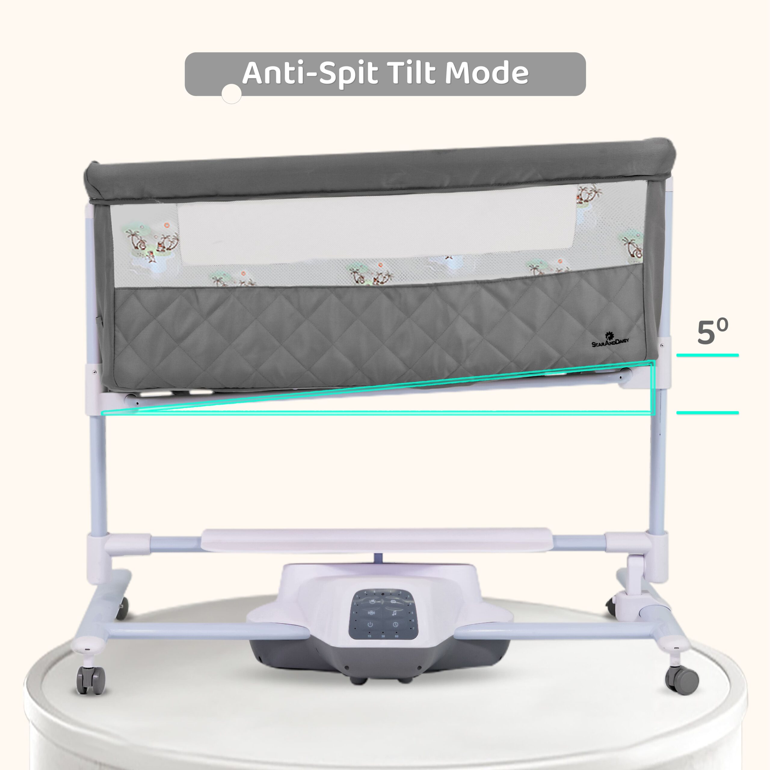 Automatic Rocking Baby Cradle with Wheels Seat Lock Mosquito Net Height Adjustment Bluetooth Music and Electric Toys-grey