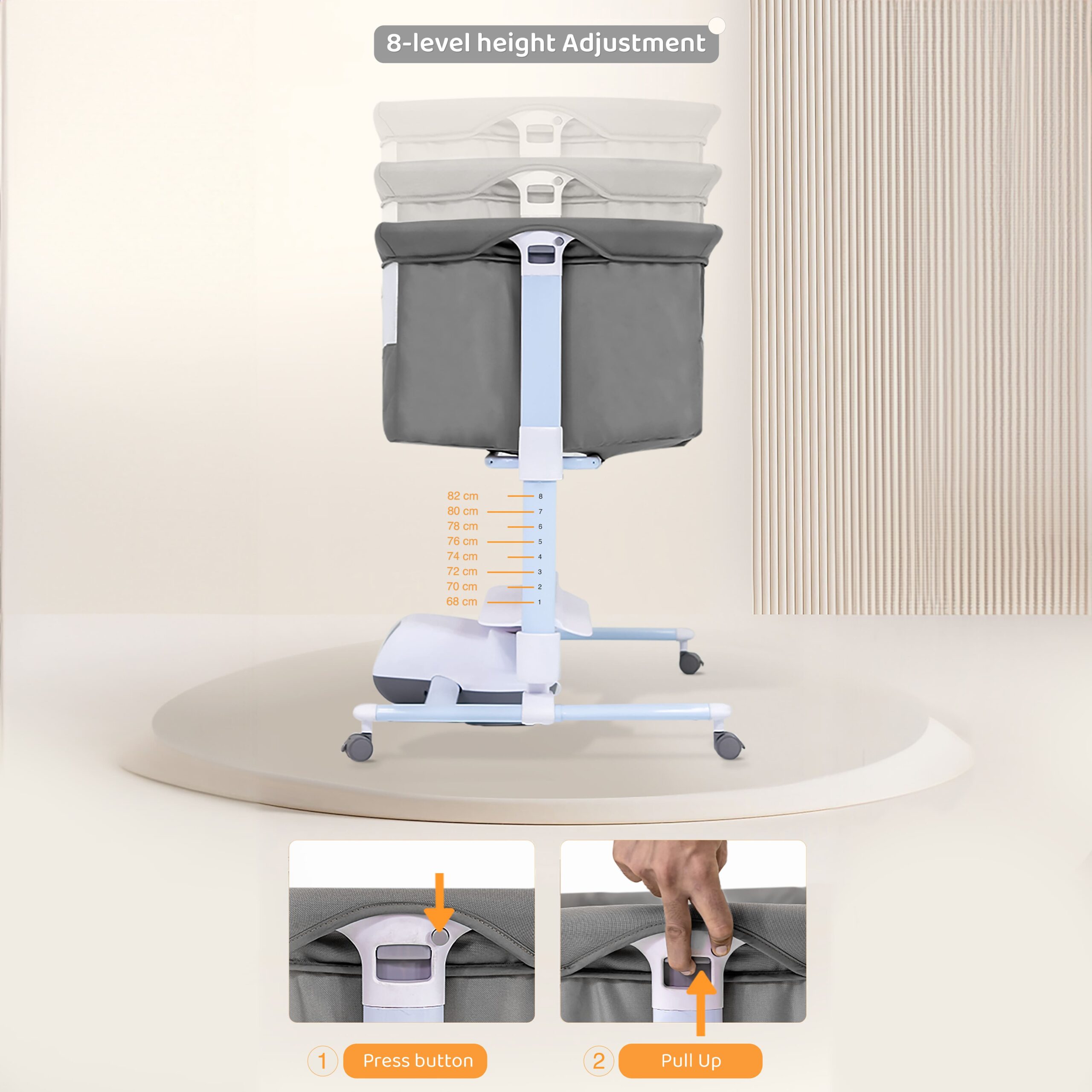 Automatic Rocking Baby Cradle with Wheels Seat Lock Mosquito Net Height Adjustment Bluetooth Music and Electric Toys-grey