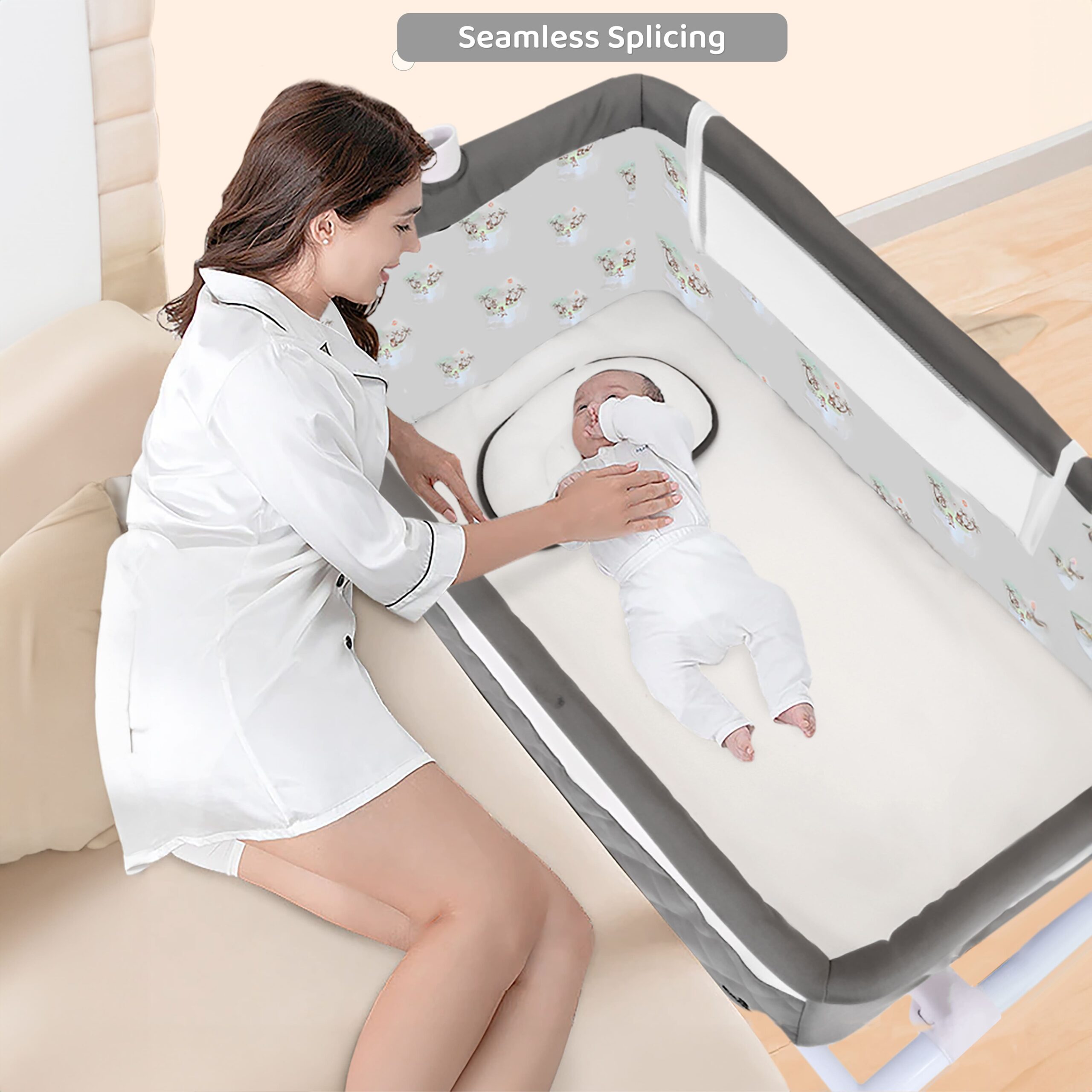 Automatic Rocking Baby Cradle with Wheels Seat Lock Mosquito Net Height Adjustment Bluetooth Music and Electric Toys-grey