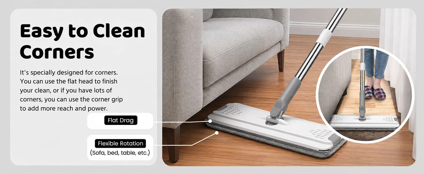 UPC Hands-Free Microfiber Flat Mop 360° Flexible Cleaning Mop