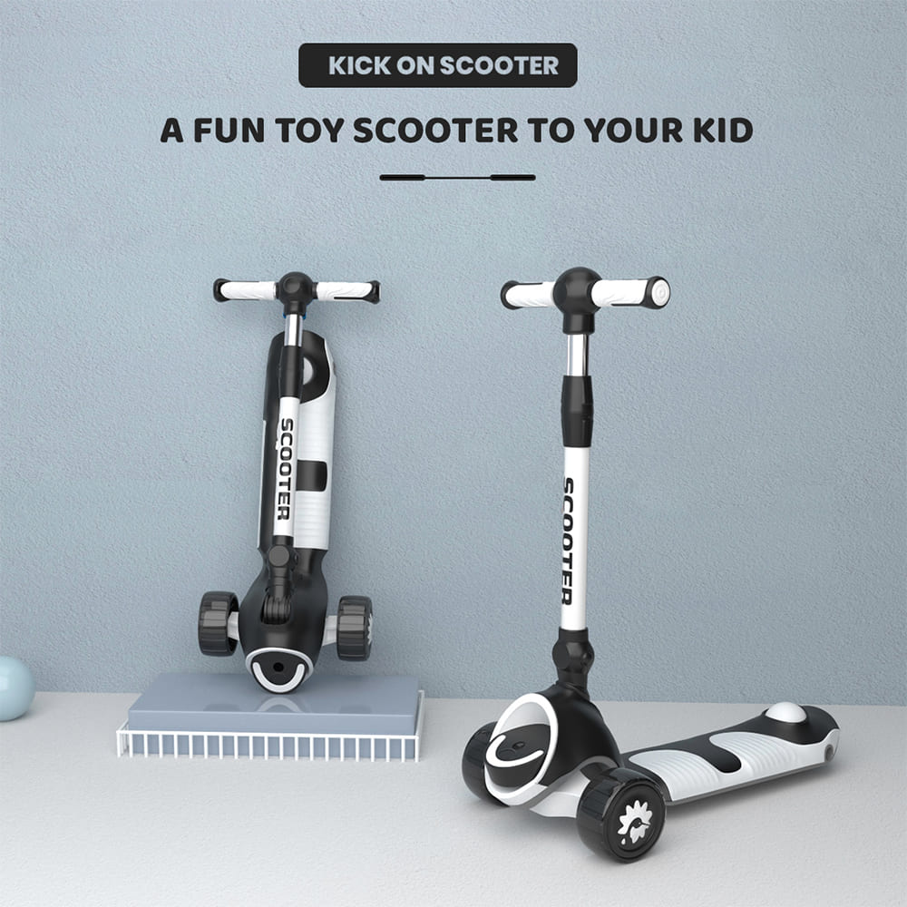 StarAndDaisy Kick On Toddler Scooter for Kids Ages 3-12 Years Old Boy Girl with 3 Wheel LED Lights, Extra-Wide Childrens Foldable Kick Scooter Kids Ages 3-10 with 4 Adjustable Height and Lean-to-Steer (Black)