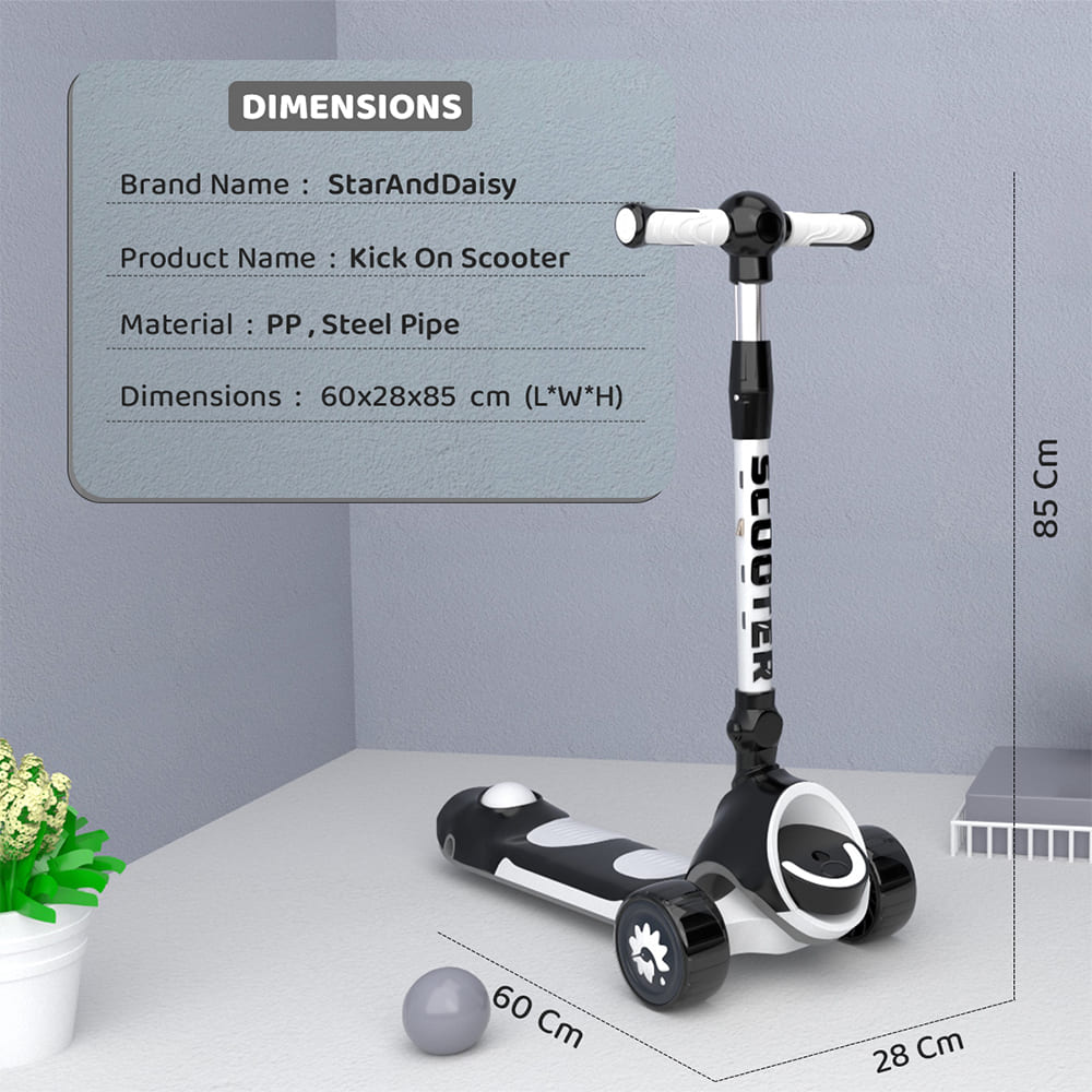 StarAndDaisy Kick On Toddler Scooter for Kids Ages 3-12 Years Old Boy Girl with 3 Wheel LED Lights, Extra-Wide Childrens Foldable Kick Scooter Kids Ages 3-10 with 4 Adjustable Height and Lean-to-Steer (Black)