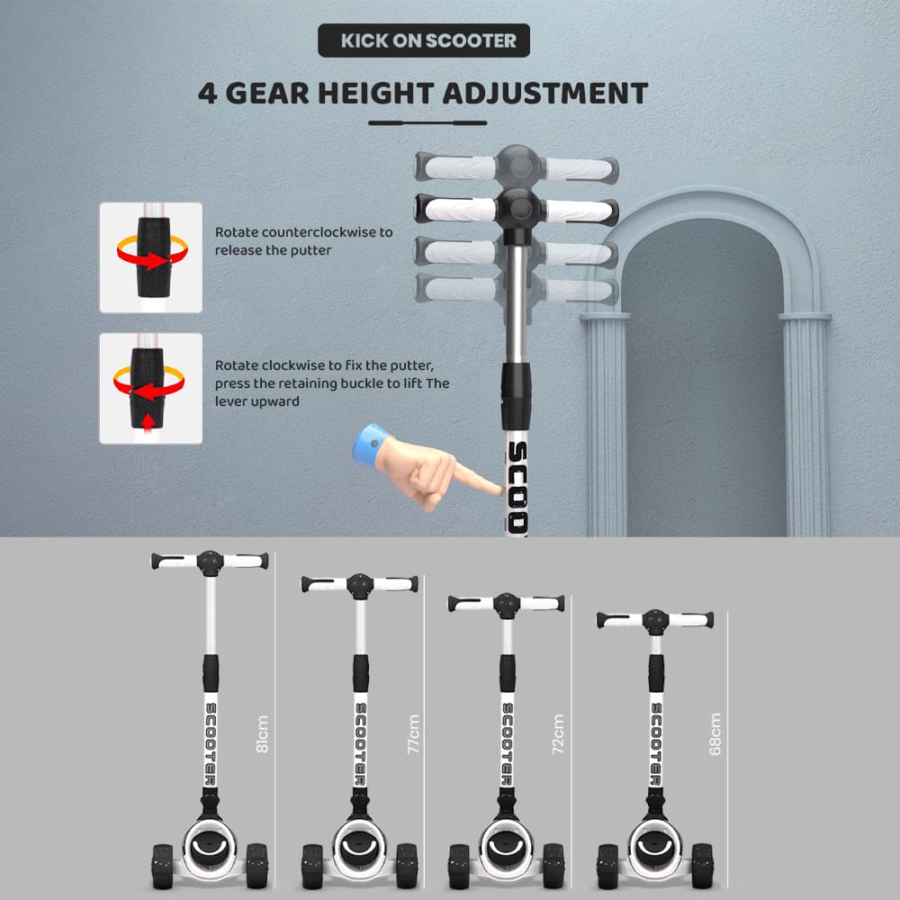 StarAndDaisy Kick On Toddler Scooter for Kids Ages 3-12 Years Old Boy Girl with 3 Wheel LED Lights, Extra-Wide Childrens Foldable Kick Scooter Kids Ages 3-10 with 4 Adjustable Height and Lean-to-Steer (Black)