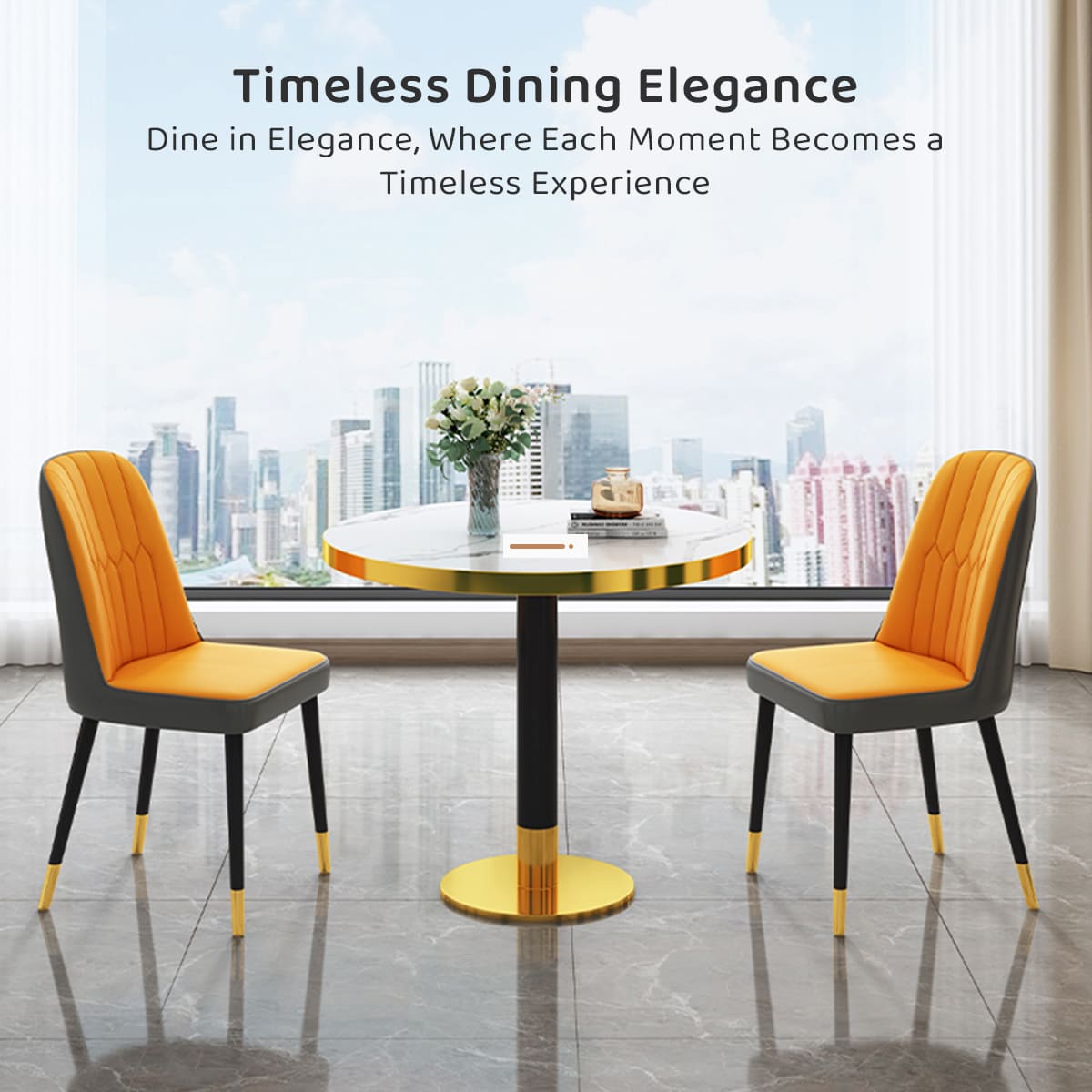 Round Dining Table, with Marble Embellishments on Wood On Top for Kitchen Bar Patio and More Modern Small Coffee Table Metal Base - Capacity for 2-4, White