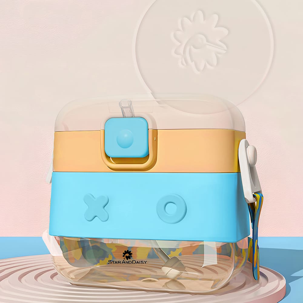 kids Square Water Bottle with Straw-blue