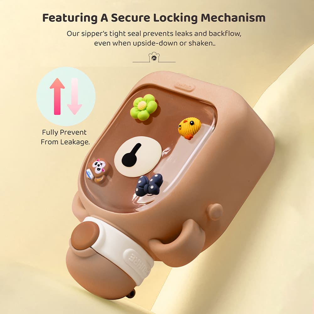 StarAndDaisy Kids Sipper Watter Bottle for Baby & Toddler with Animated Stickers & Lock Cover and Adjustable Straps - Brown, 700 ML