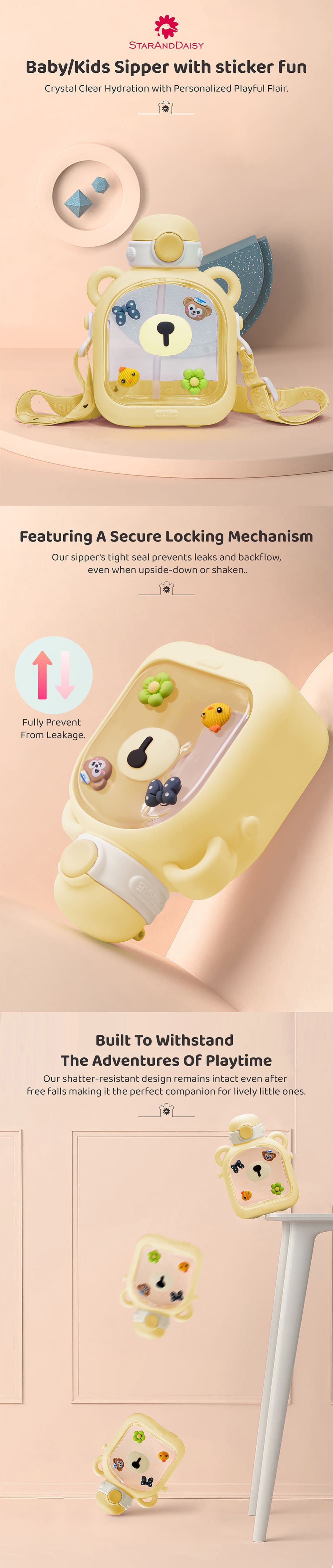 StarAndDaisy Kids Sipper Watter Bottle for Baby & Toddler with Animated Stickers & Leakproof Lock Cover and Adjustable Straps – Yellow, 700 ML