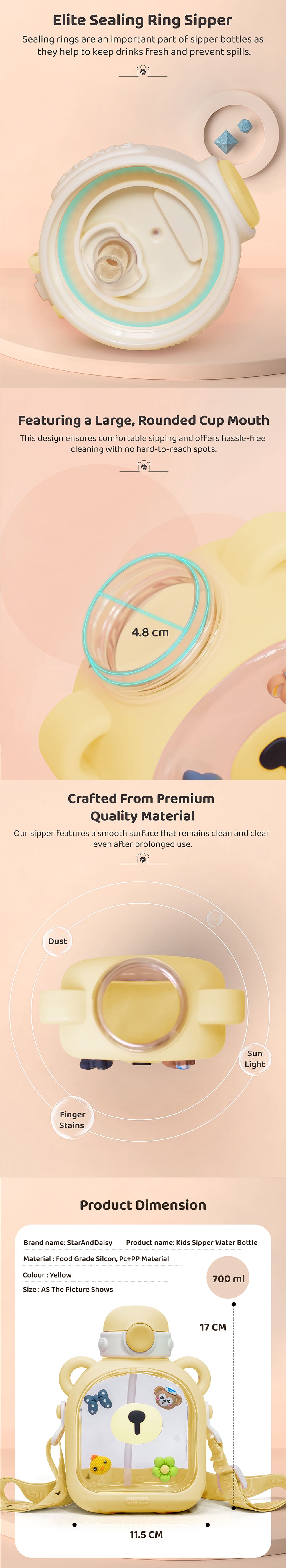 StarAndDaisy Kids Sipper Watter Bottle for Baby & Toddler with Animated Stickers & Leakproof Lock Cover and Adjustable Straps – Yellow, 700 ML