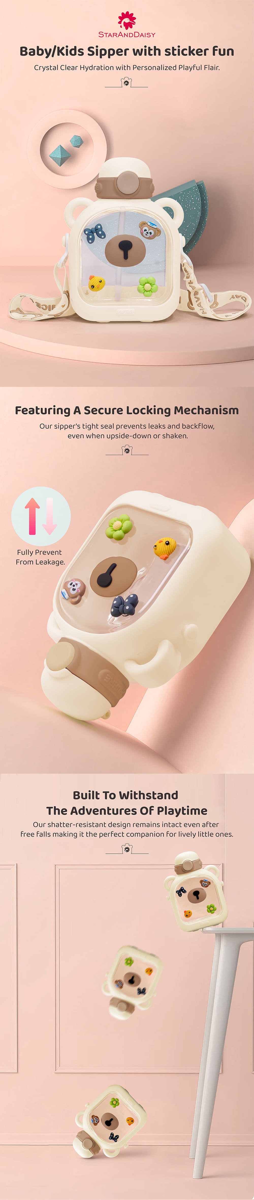 Kids Sipper Watter Bottle for Baby & Toddler with Animated Stickers & Lock Cover