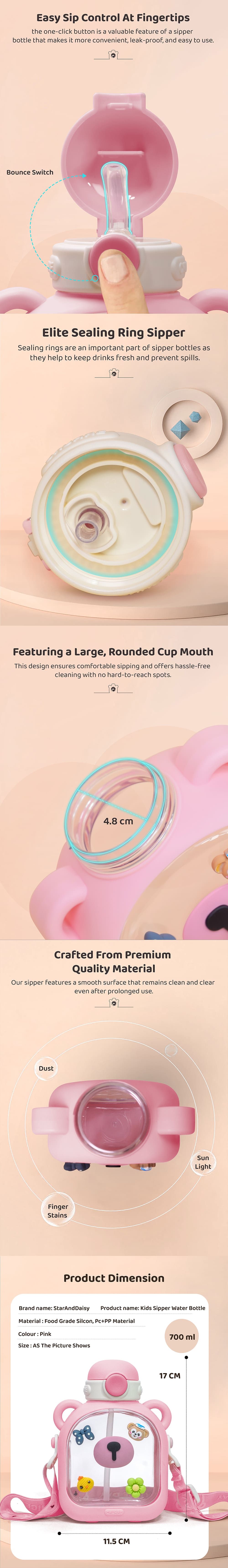 StarAndDaisy Kids Sipper Watter Bottle for Baby & Toddler with Animated Stickers & Lock Cover and Adjustable Straps - Pink, 700 ML