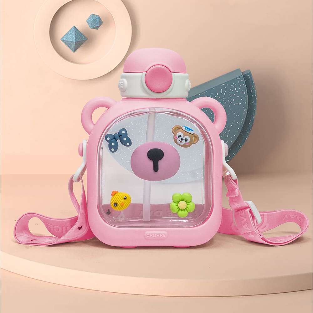 StarAndDaisy Kids Sipper Watter Bottle for Baby & Toddler with Animated Stickers & Lock Cover and Adjustable Straps – Pink, 700 ML