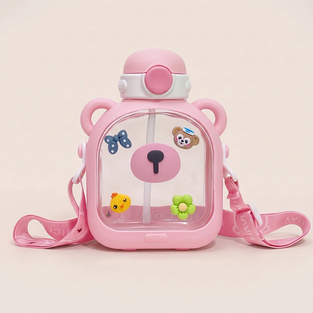 StarAndDaisy Kids Sipper Water Bottle for Baby & Toddler with Animated Stickers & Lock Cover and Adjustable Straps – Pink, 700 ML