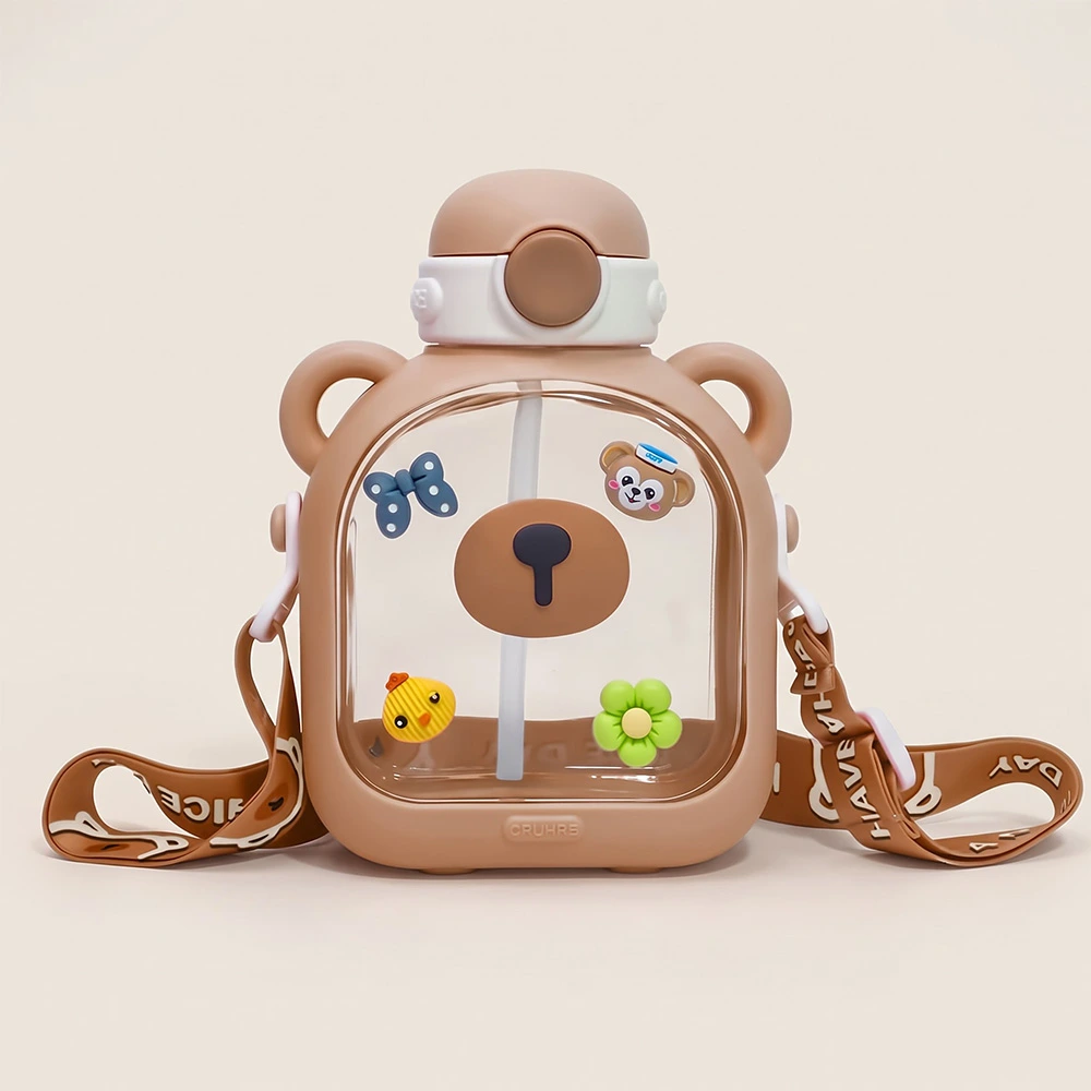 StarAndDaisy Kids Sipper Water Bottle for Baby & Toddler with Animated Stickers & Lock Cover and Adjustable Straps – Brown, 700 ML