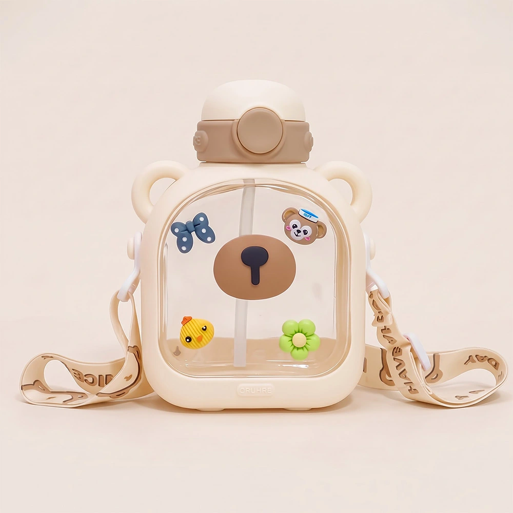 StarAndDaisy Kids Sipper Water Bottle for Baby & Toddler with Animated Stickers & Lock Cover and Adjustable Straps – Cream, 700 ML