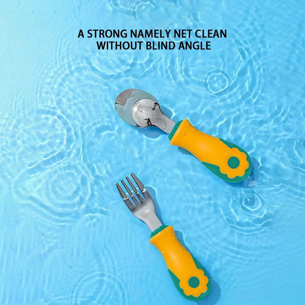StarAndDaisy Stanless Steel SUS 316 Baby Feeding Training Spoon and Fork Set with Anti-Bacterial PP Storage Box - Green Orange