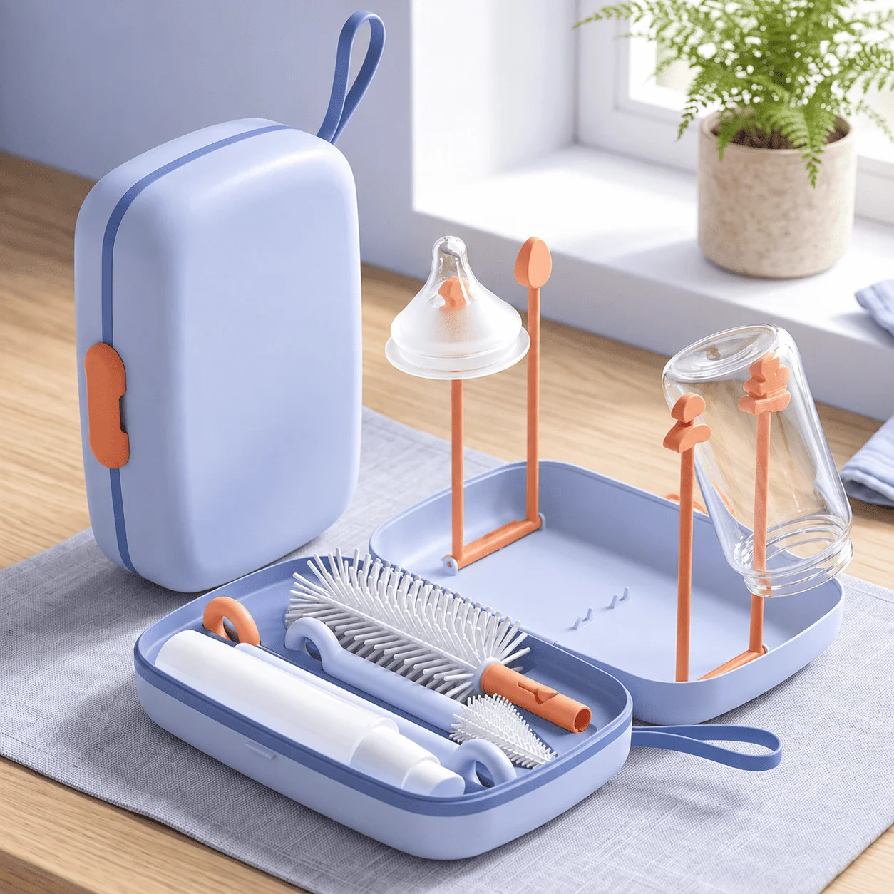 StarAndDaisy Baby Bottle Drying Rack with Removable Draining Tray – Feeding Bottles Cleaning Brush Set with Storage Box – Blue