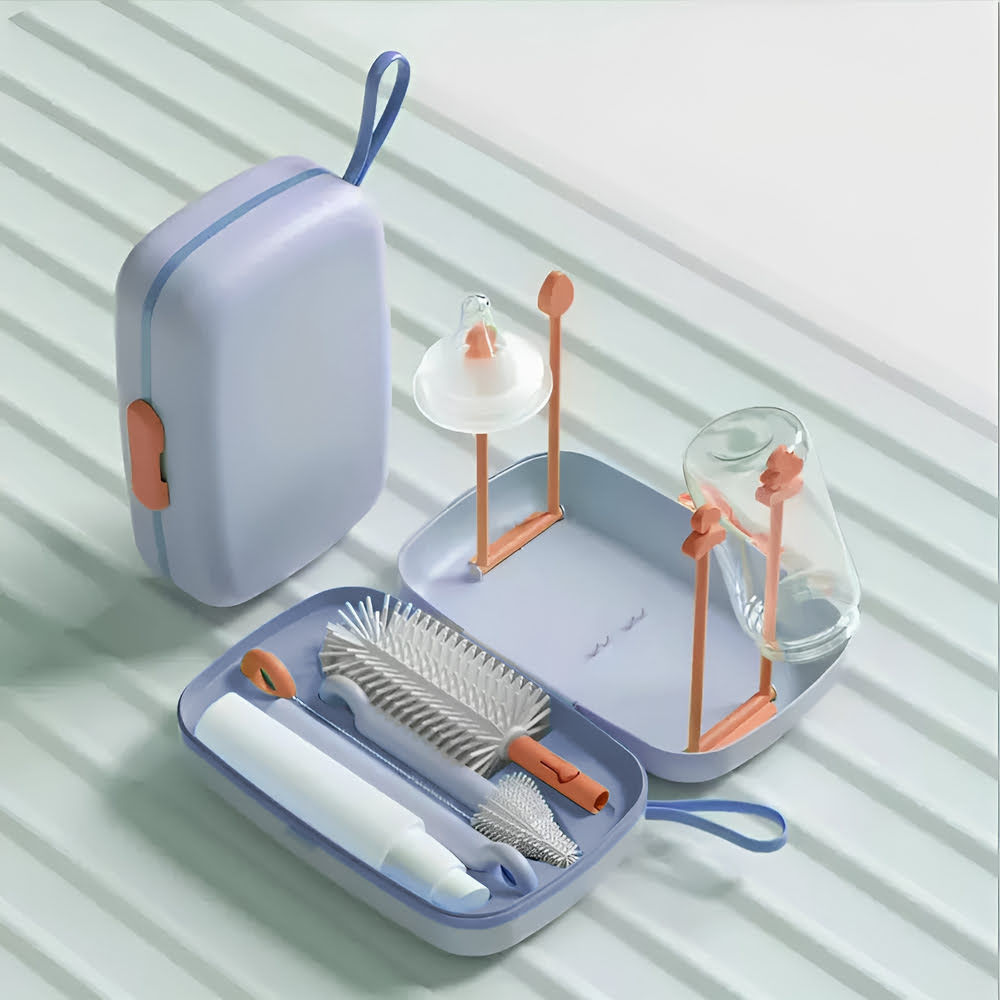 StarAndDaisy Baby Bottle Drying Rack with Removable Draining Tray - Feeding Bottles Cleaning Brush Set with Storage Box - Blue