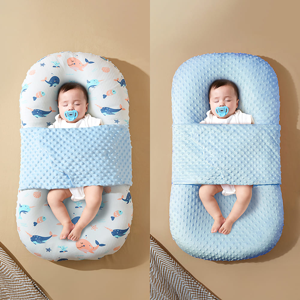 StarAndDaisy Baby Lounger Bed - Portable Nest for Newborn Babies with 100% Cotton Fabric - Blue Whale Print