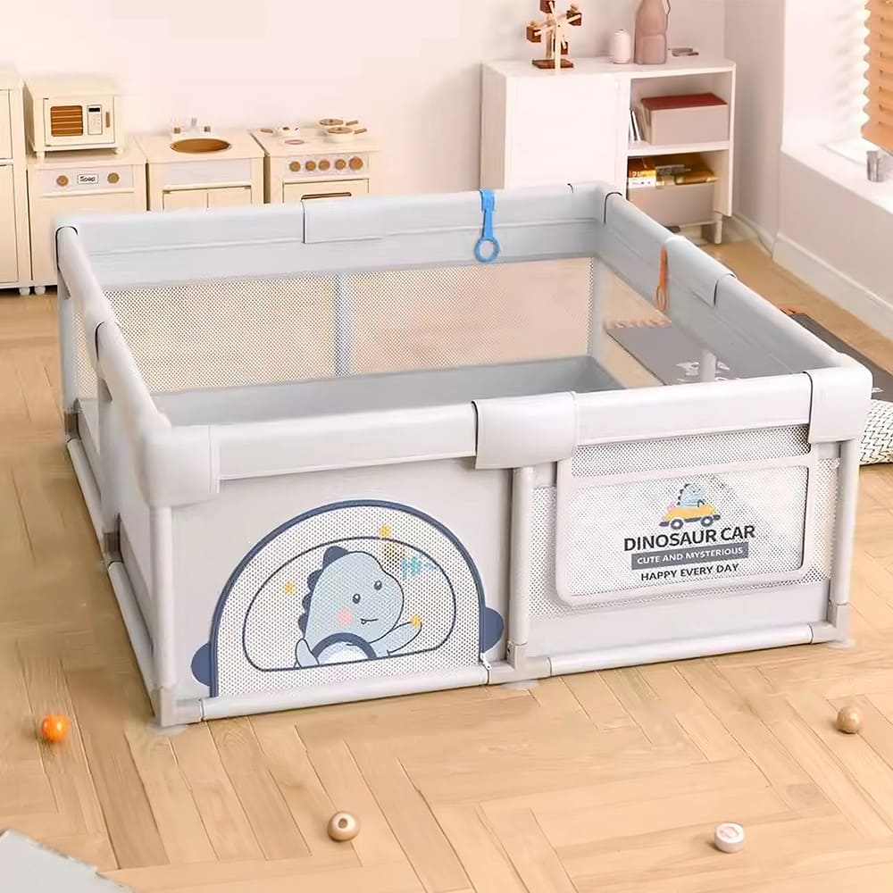 StarAndDaisy Portable Playpen for Kids - Foldable Play Yard for Kids with Dinosaur Print - Grey - 180cm x 200cm