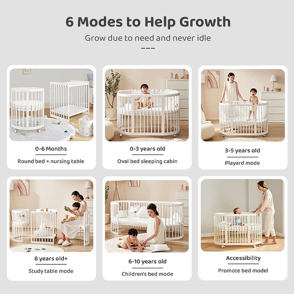 StarAndDaisy Convertible Round Baby Cot Bed with Multiple Height Adjustment with Mattress