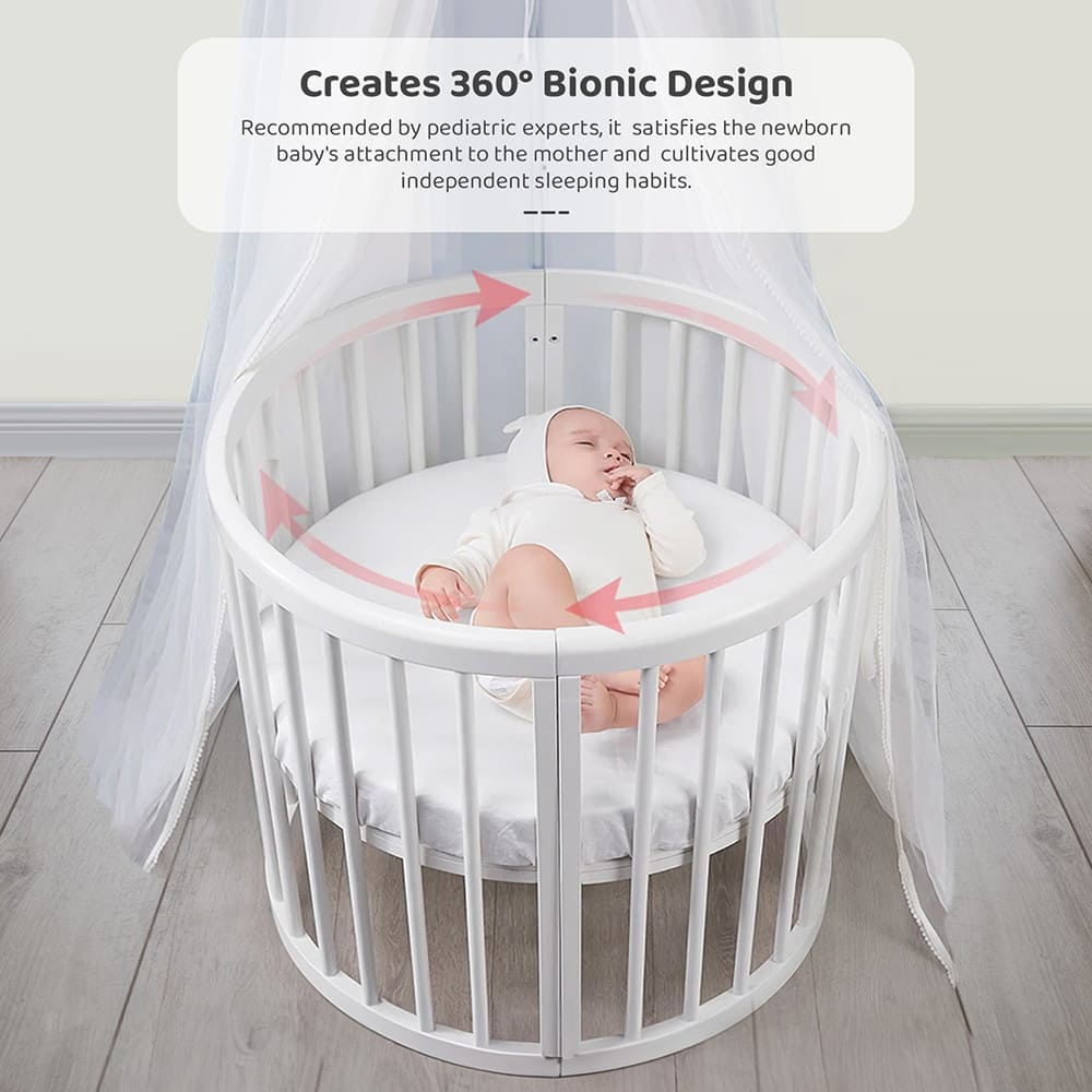 StarAndDaisy Convertible Round Baby Cot Bed with Multiple Height Adjustment with Mattress